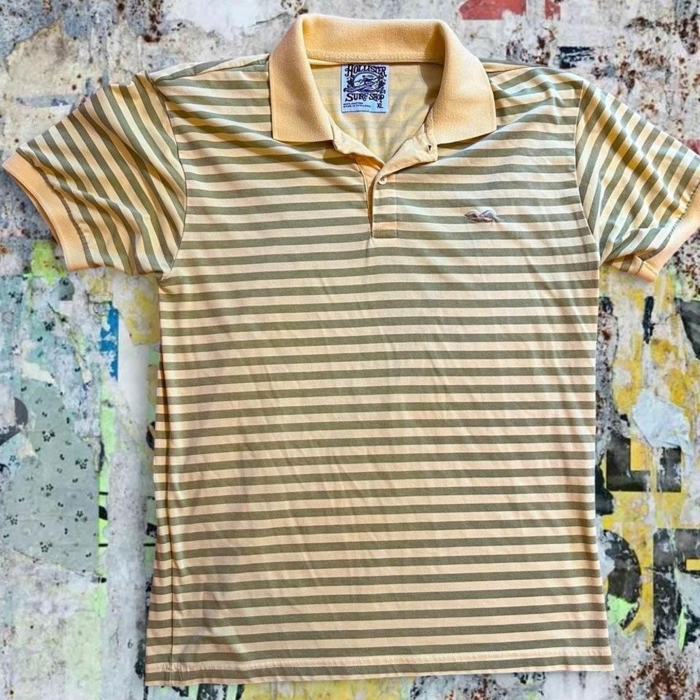 Men's Hollister Surf Shop yellow and olive green striped polo shirt‎ - XL